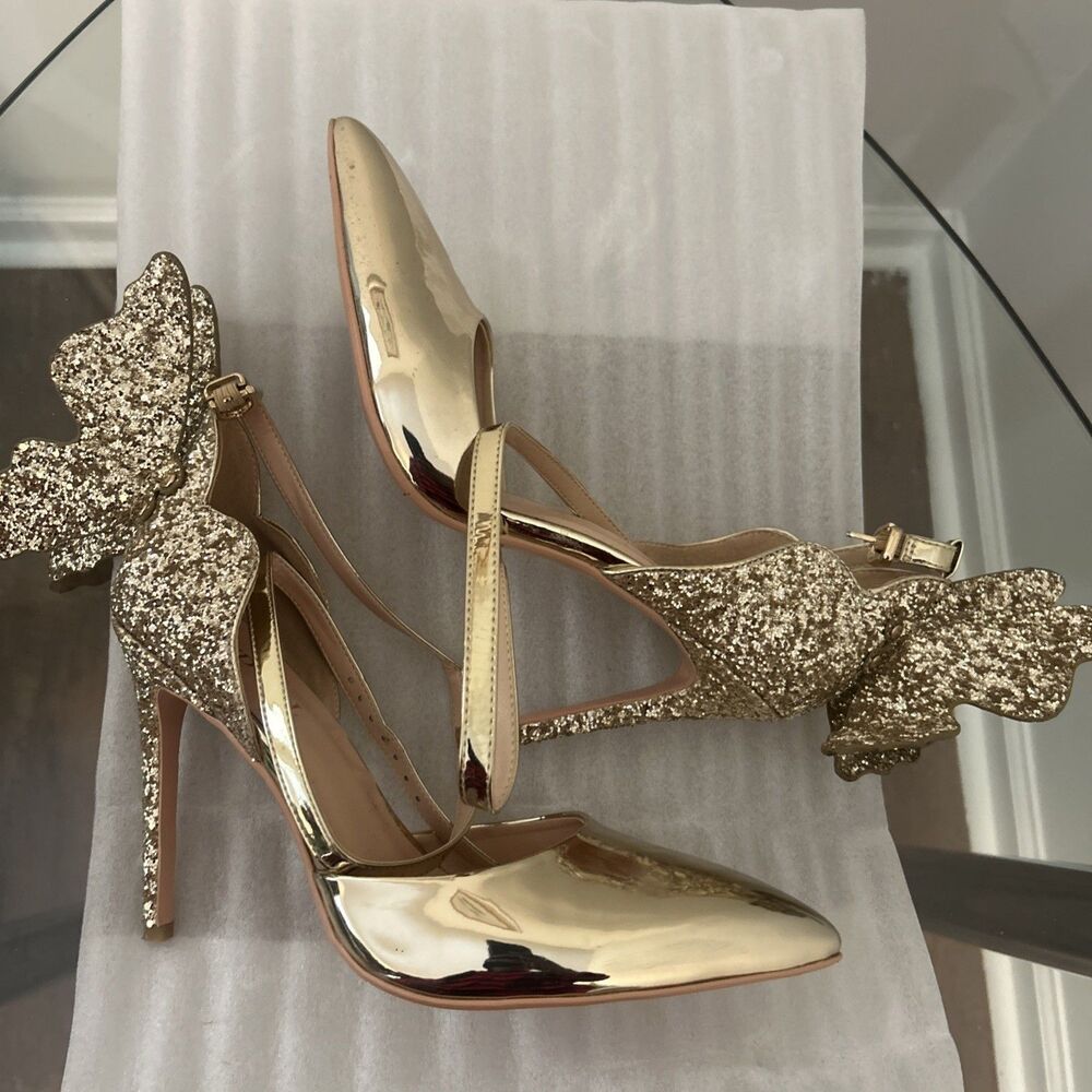 FINDVELL Gold Metallic Ankle Strap Heels Wing Back Stiletto Pumps Sz 10